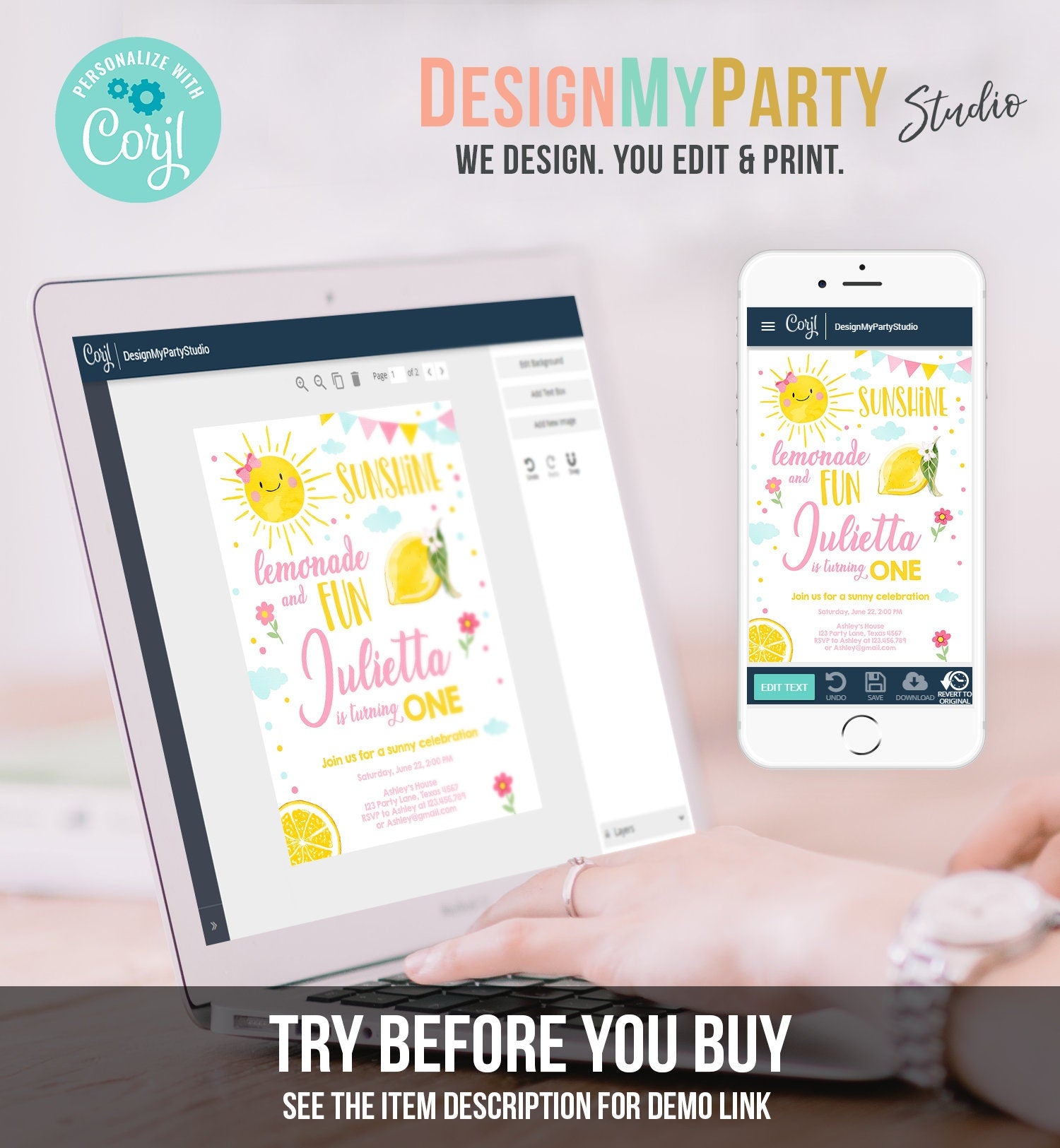 Editable Sunshine Lemonade Birthday Invitation Pink Girl Sunshine Party Lemonade Invitation 1st Birthday Printable Template Corjl 0141