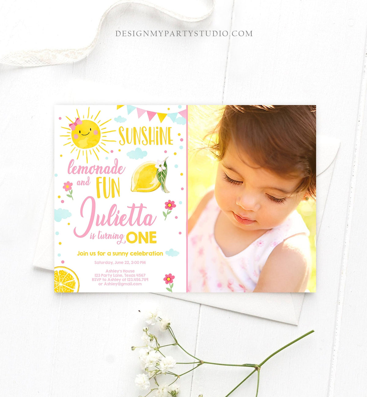 Editable Sunshine Lemonade Birthday Invitation Pink Girl Sunshine Party Lemonade 1st Birthday Digital Download Evite Template Printable 0141