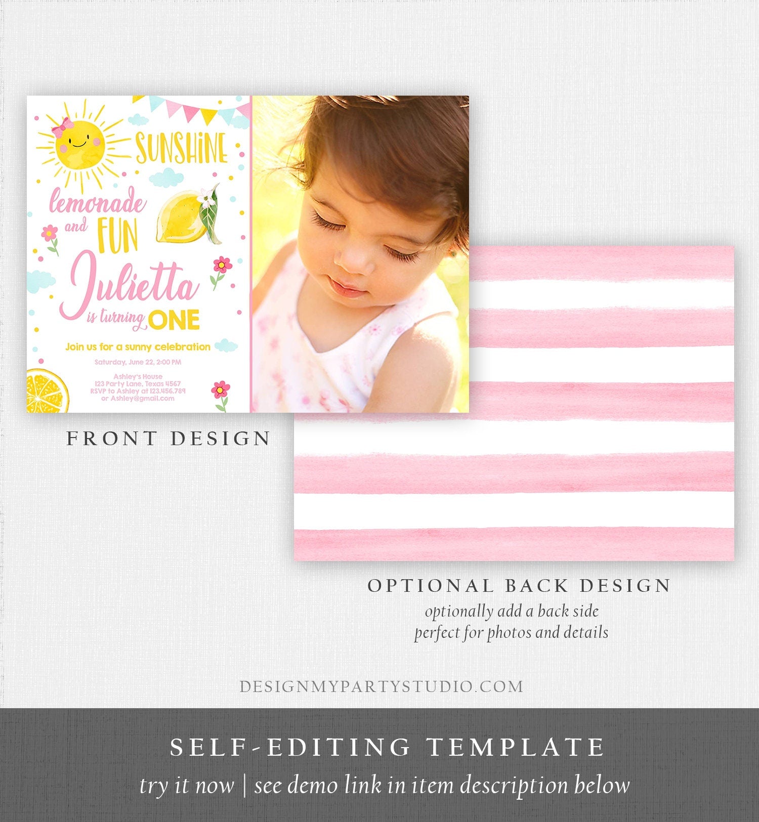 Editable Sunshine Lemonade Birthday Invitation Pink Girl Sunshine Party Lemonade 1st Birthday Digital Download Evite Template Printable 0141
