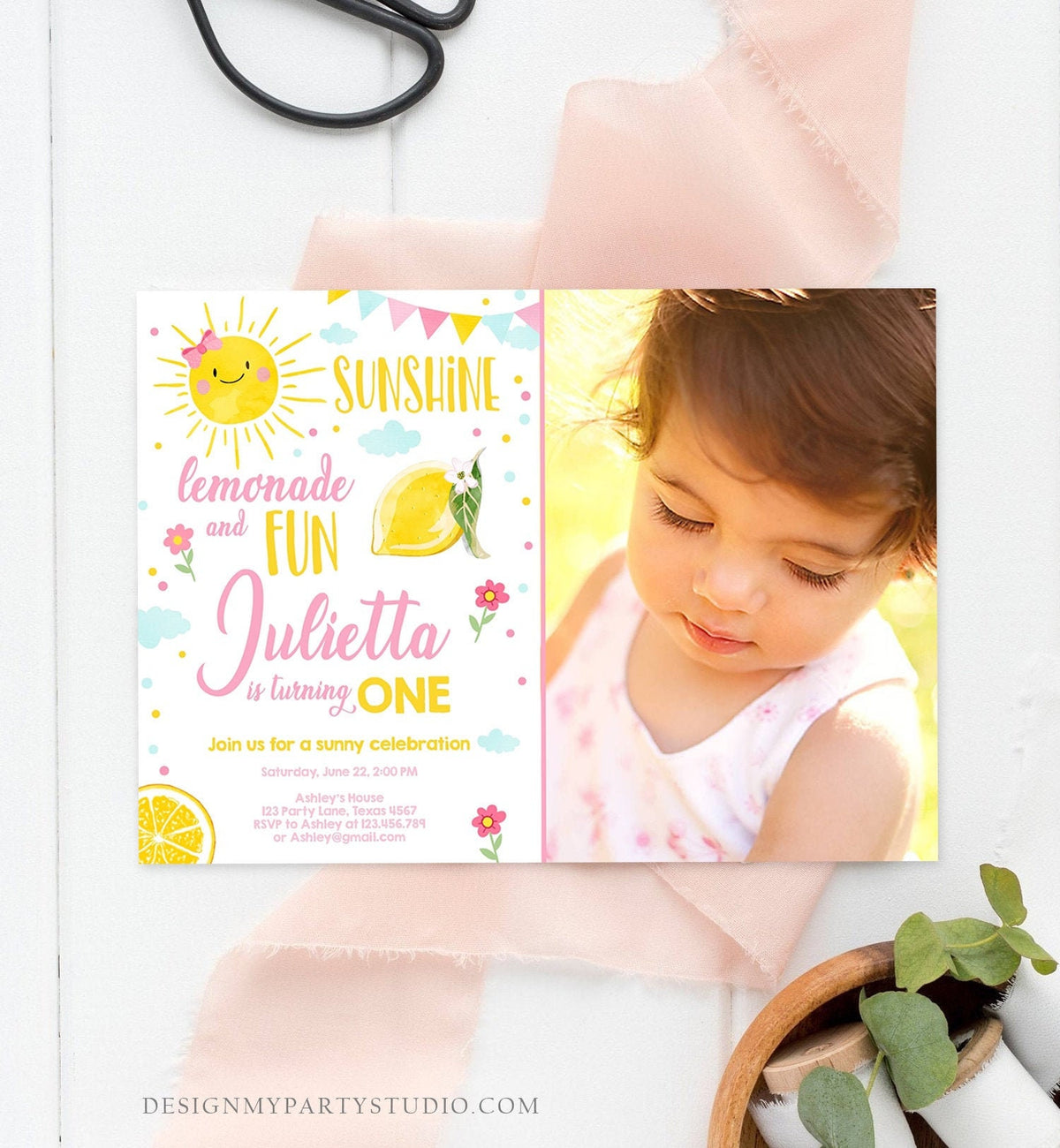 Editable Sunshine Lemonade Birthday Invitation Pink Girl Sunshine Party Lemonade 1st Birthday Digital Download Evite Template Printable 0141