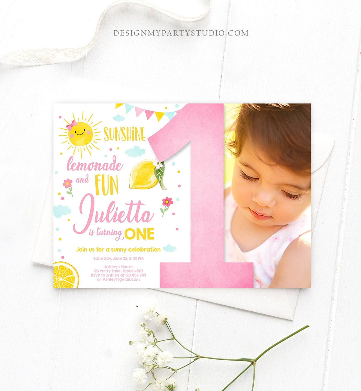 Editable Sunshine Lemonade Birthday Invitation Pink Girl Sunshine Party Lemonade 1st Digital Download Evite Template Printable 0141
