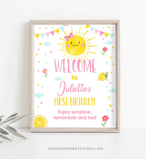 Editable Sunshine Welcome Sign Little Sunshine Birthday Party Pink Girl Lemonade and Fun Lemonade Stand Summer Template PRINTABLE Corjl 0141