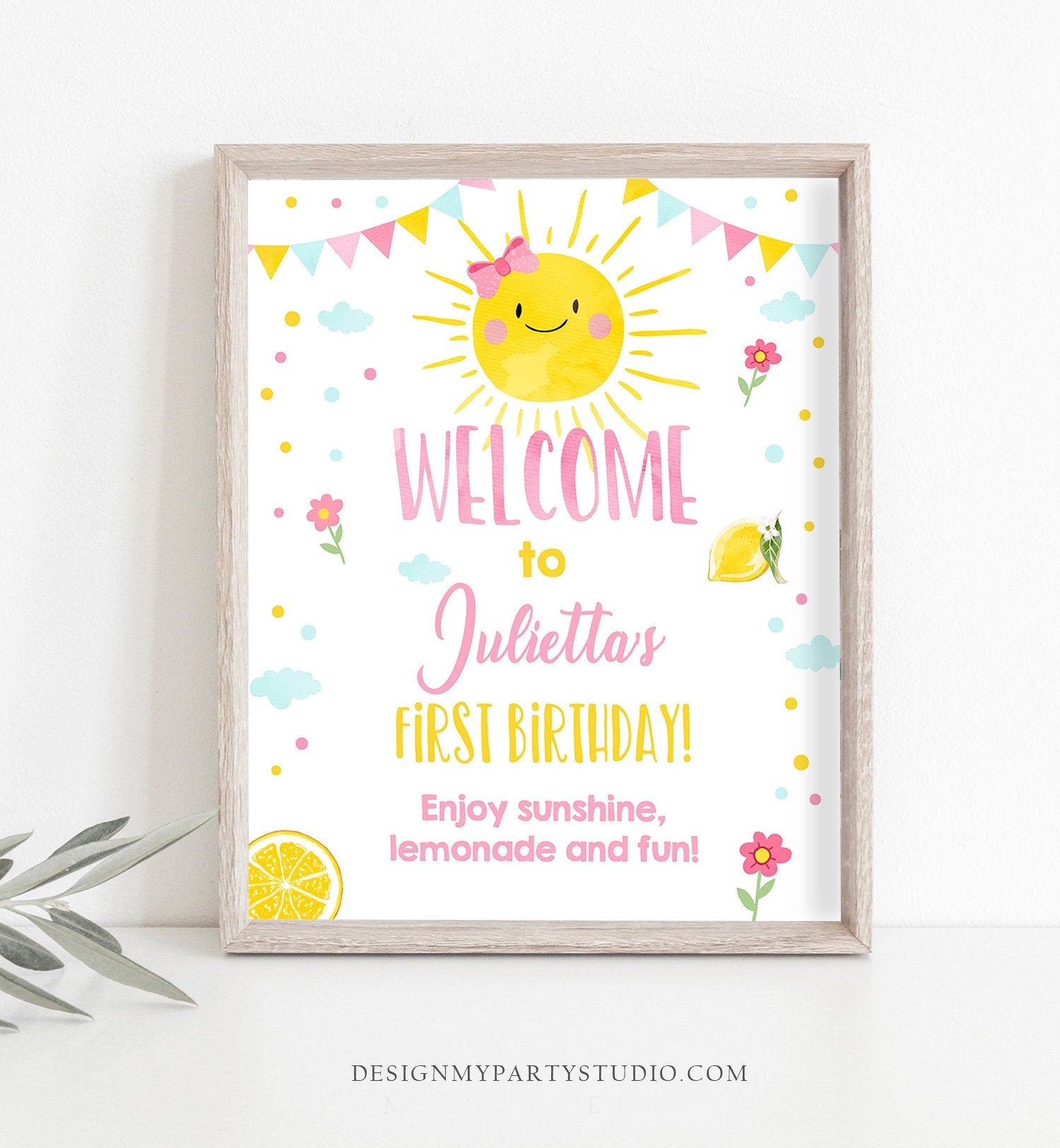 Editable Sunshine Welcome Sign Little Sunshine Birthday Party Pink Girl Lemonade and Fun Stand Summer Digital Template Printable 0141