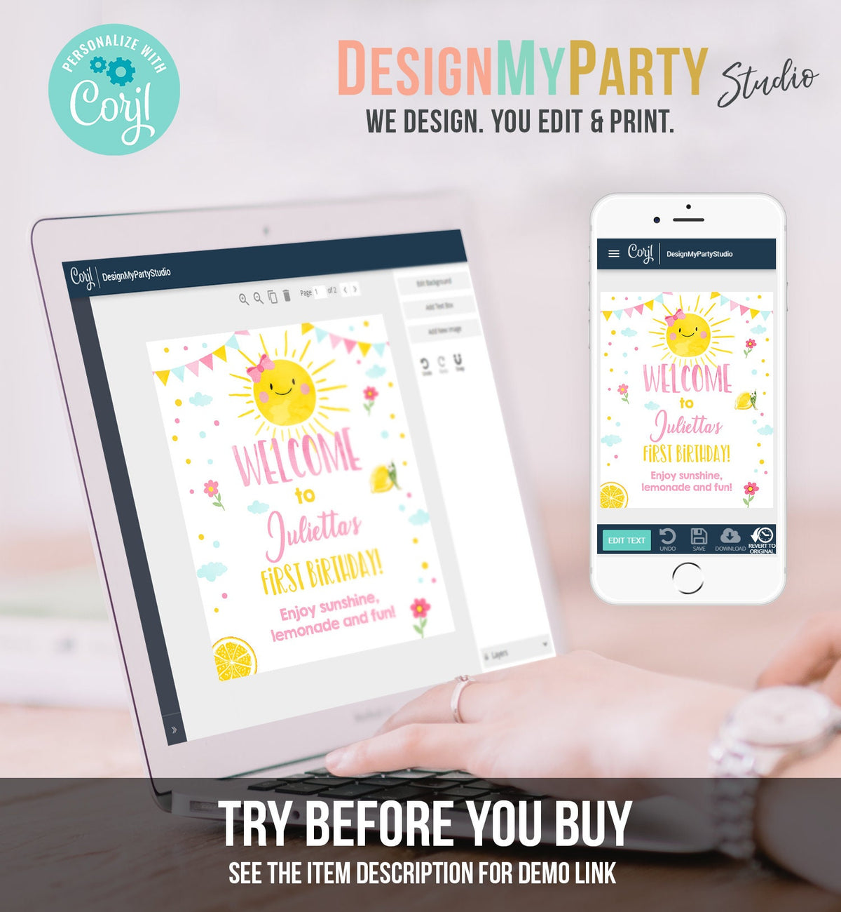 Editable Sunshine Welcome Sign Little Sunshine Birthday Party Pink Girl Lemonade and Fun Stand Summer Digital Template Printable 0141