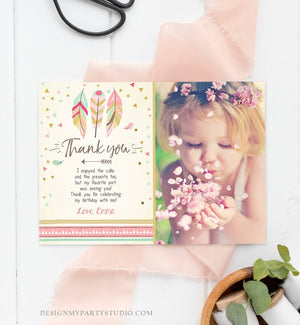 Editable Thank You Card Wild One Thank you Note Wild And Three Feathers Pink and Gold Girl Download Printable Template Digital Corjl 0073