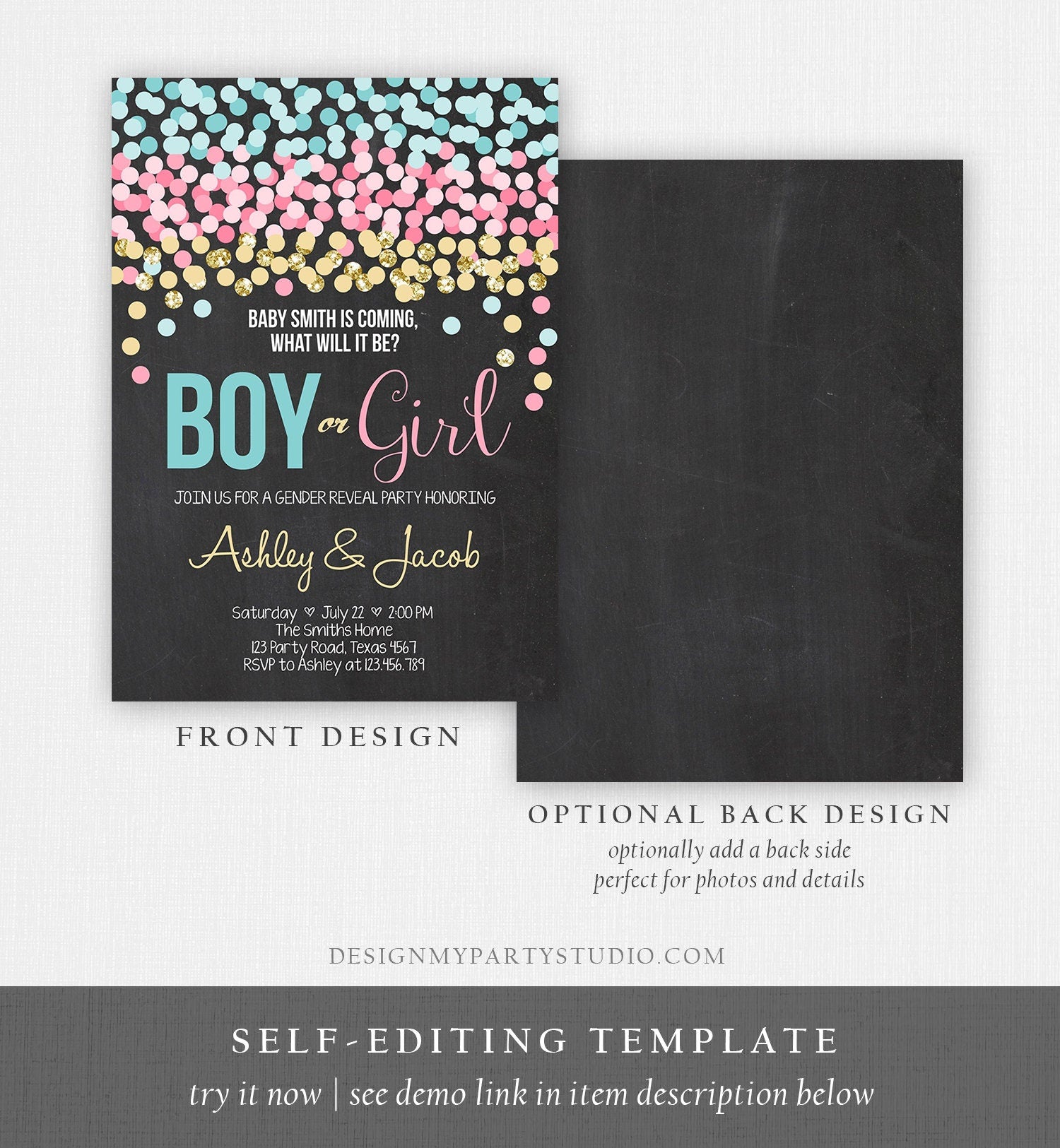 Editable Gender Reveal Invitation Confetti Blue or Pink Gold Boy or Girl He or She Rustic Instant Download Printable Template Corjl 0133