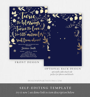 Editable Twin Baby Shower Invitation Twins Navy Gold White Blessings Rustic Modern Floral Gender Neutral Invite Template Download Corjl 0285