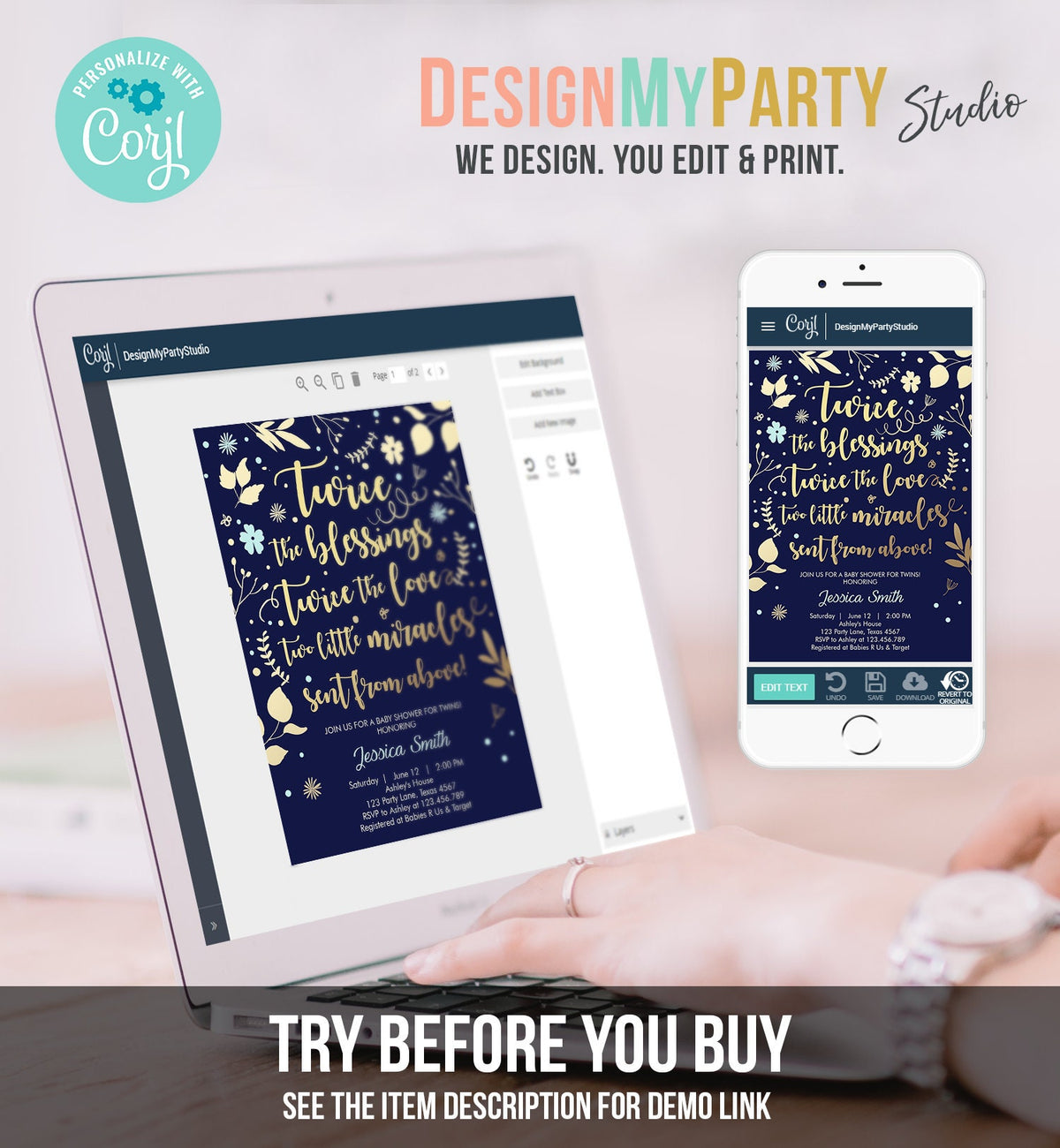 Editable Twin Baby Shower Invitation Twin Boys Navy Blue Gold Blessings Rustic Modern Floral Twin Invitation Template Download Corjl 0285