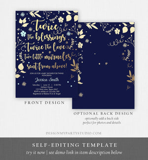 Editable Twin Baby Shower Invitation Twin Boys Navy Blue Gold Blessings Rustic Modern Floral Twin Invitation Template Download Corjl 0285