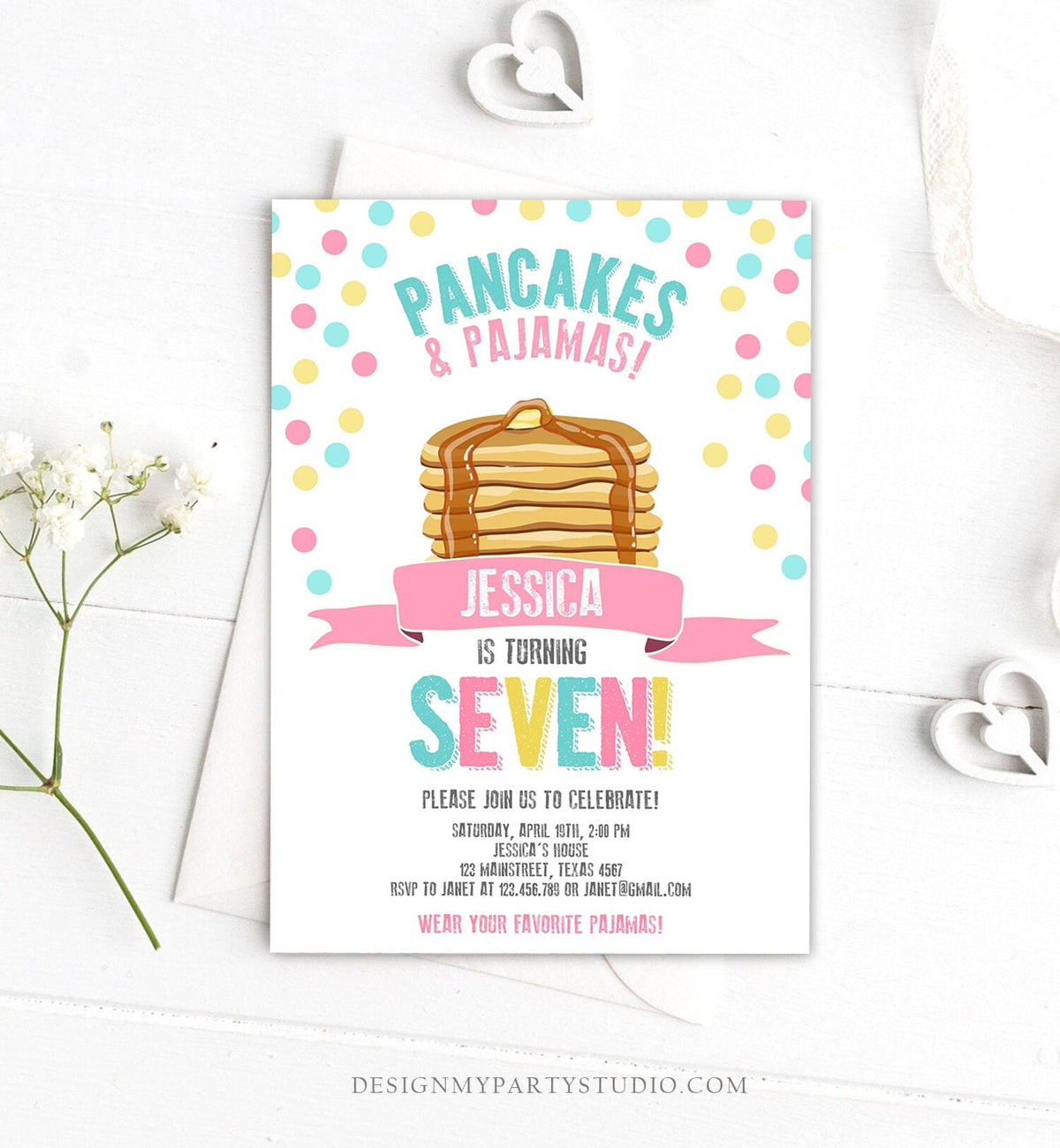 Editable Pancakes and Pajamas Invitation Pancake Pajamas Birthday Party Girl Pink Slumber Party Printable Template Corjl Digital 0286