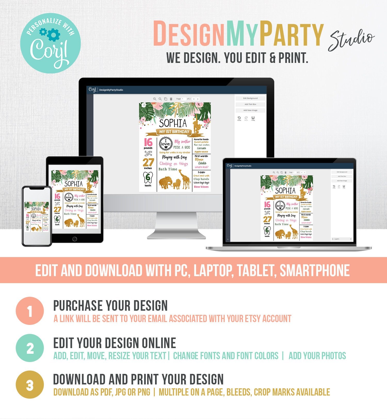 Editable Safari Animals Birthday Milestone Sign Girl Pink Wild One Party Animals First Birthday 1st Download Digital Template Printable 0016