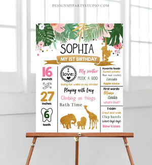 Editable Safari Animals Birthday Milestones Sign Girl Pink Wild One First Birthday Jungle Zoo 1st Download Corjl Template Printable 0016