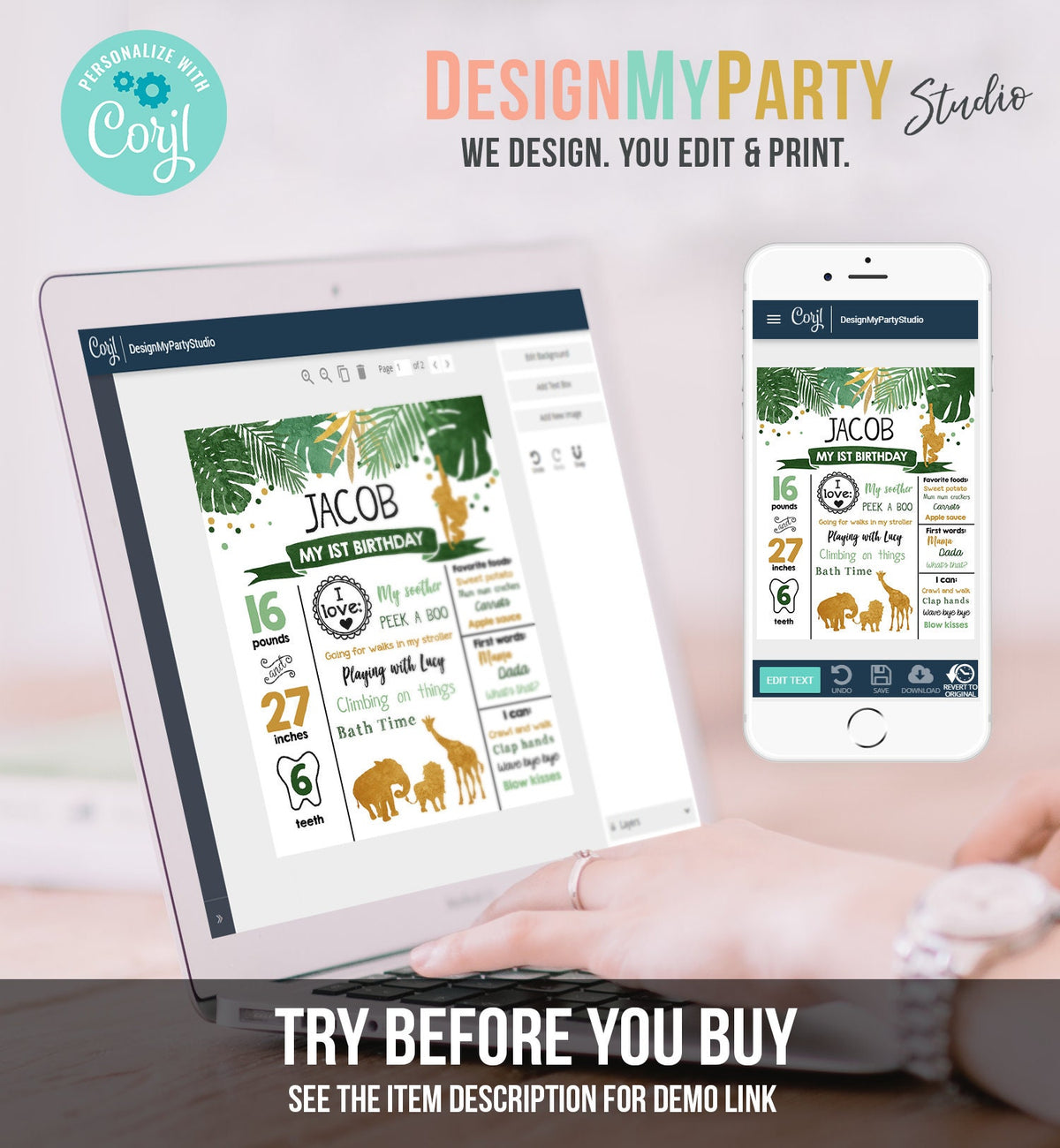 Editable Safari Animals Birthday Milestones Sign Wild One First Birthday Zoo Jungle Party 1st Wild Boy Gold Corjl Template Printable 0016