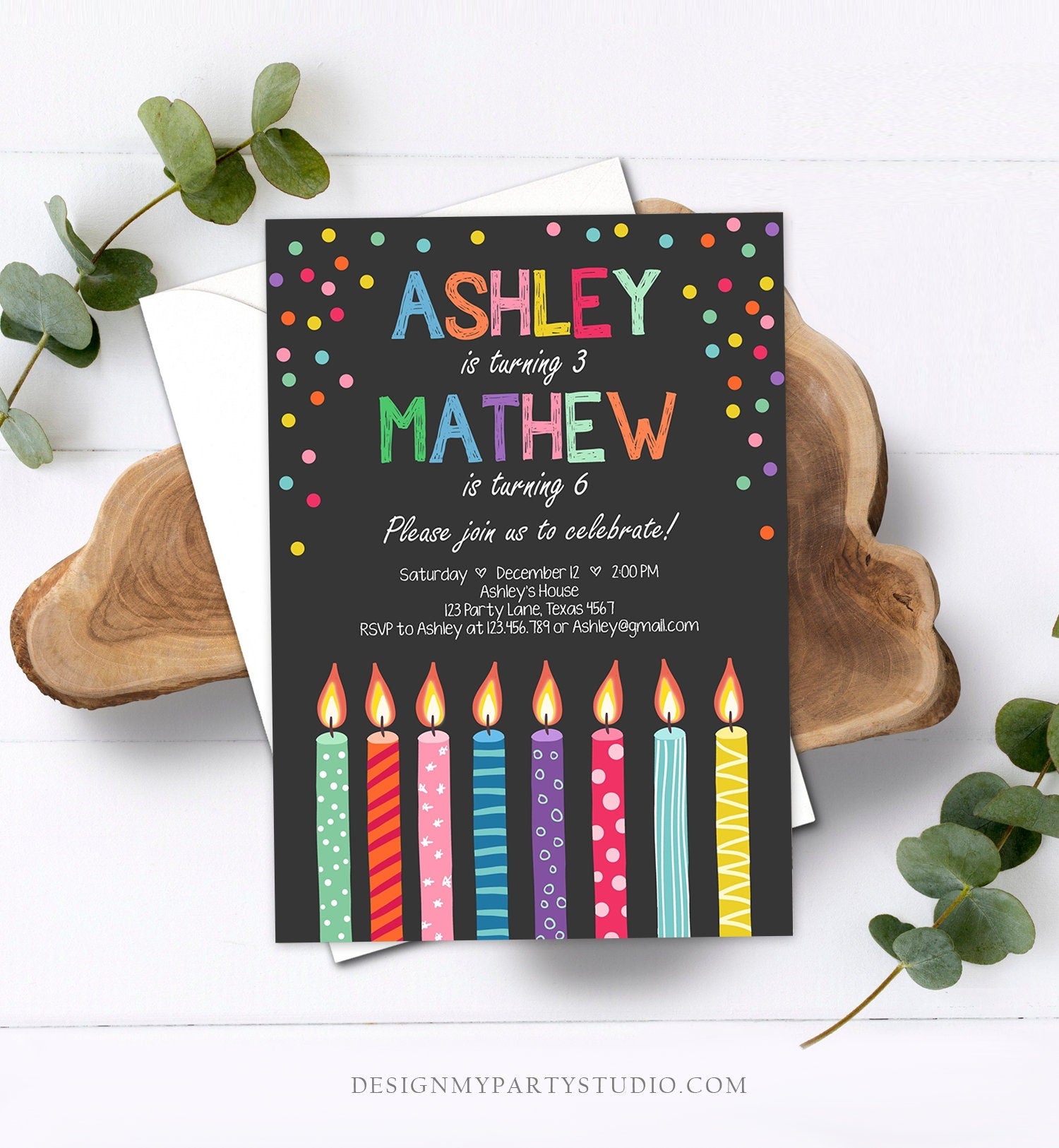 Editable Joint Twin Birthday Invitation Twins Candles Confetti Boy Girl ANY AGE Dual Party Digital Download Printable Corjl Template 0277