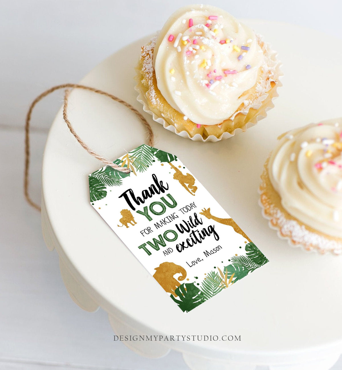 Editable Two Wild Safari Animals Favor Tag Second Birthday Jungle Zoo Animals Thank You Tag Boy Green Gold Corjl Template Printable 0016