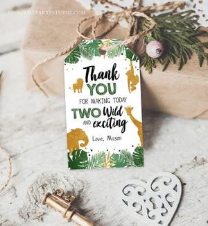 Editable Two Wild Safari Animals Favor Tags Second Birthday Jungle Zoo Animals Thank You Tags 2nd Boy Green Gold Corjl Template 0016
