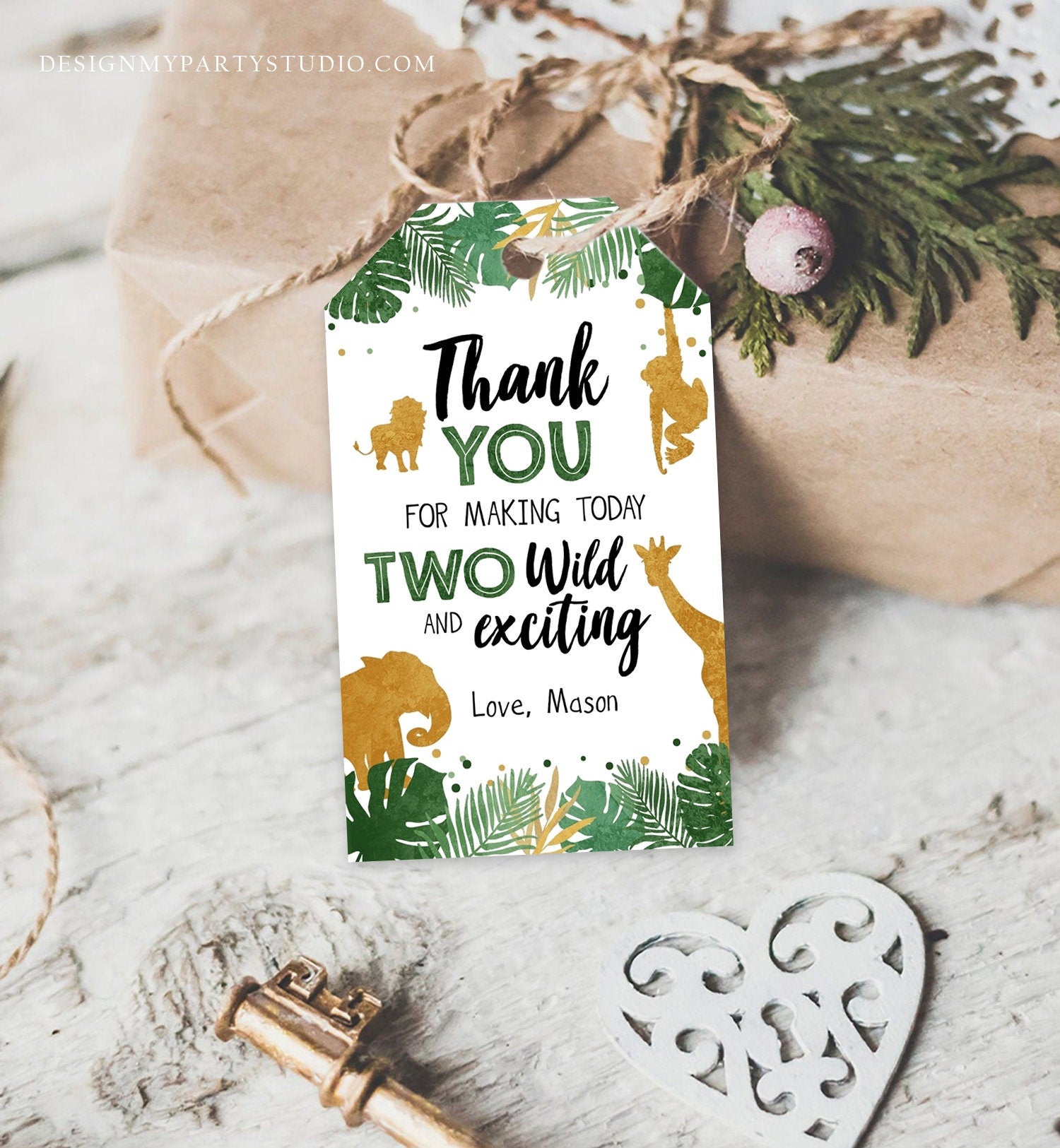 Editable Two Wild Safari Animals Favor Tag Second Birthday Jungle Zoo Animals Thank You Tag Boy Green Gold Corjl Template Printable 0016