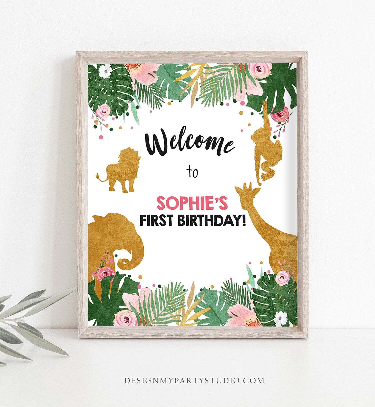 Editable Safari Animals Welcome Sign Wild One Party Animals Sign Zoo Jungle Table Sign Pink Gold Girl Corjl Template Download PRINTABLE 0016