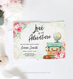 Editable Love is an Adventure Bridal Shower Invitation Traveling to Mrs Travel Gold Pink Floral Suitcases Download Corjl Template 0030
