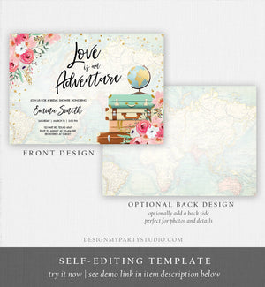 Editable Love is an Adventure Bridal Shower Invitation Miss to Mrs Travel Gold Confetti Pink Floral Suitcases Download Corjl Template 0030