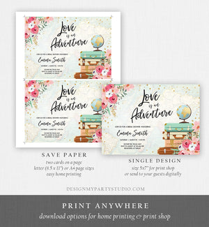 Editable Love is an Adventure Bridal Shower Invitation Traveling to Mrs Travel Gold Pink Floral Suitcases Download Corjl Template 0030