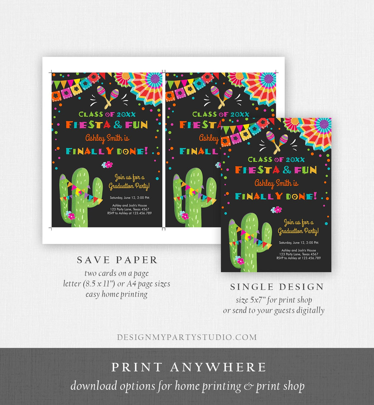Editable Fiesta and Fun Graduation Party Invitation Finally Done Let&#39;s Fiesta Mexican High School College Degree Diploma Corjl Template 0045