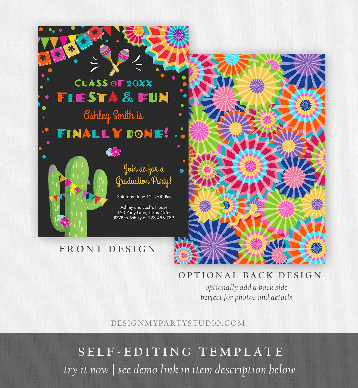 Editable Fiesta and Fun Graduation Party Invitation Finally Done Let&#39;s Fiesta Mexican High School College Degree Diploma Corjl Template 0045