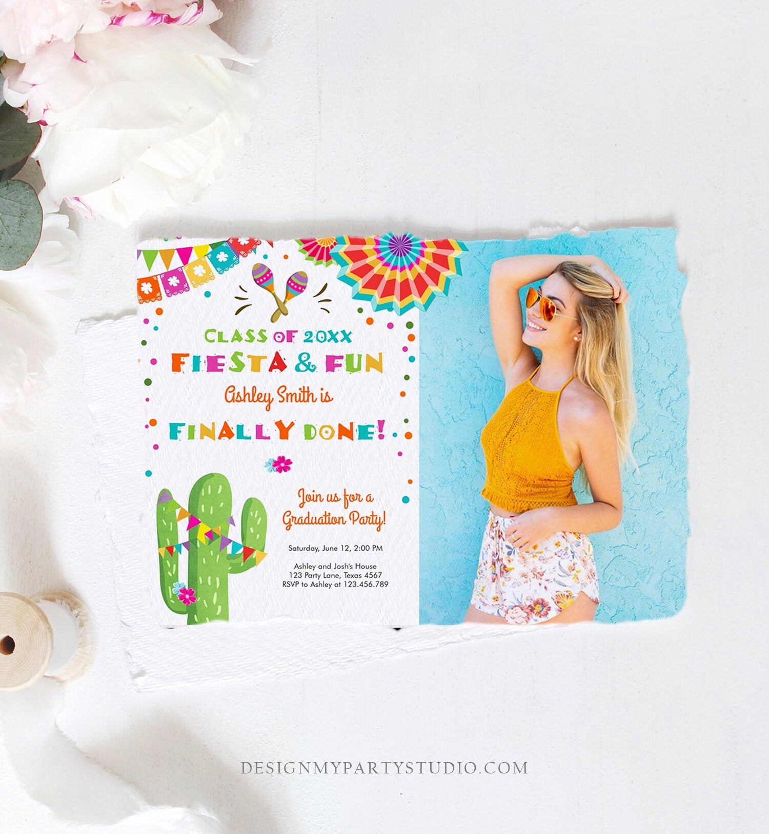 Editable Fiesta and Fun Graduation Party Invitation Finally Done Let's Fiesta Mexican High School College Degree Diploma Corjl Template 0045