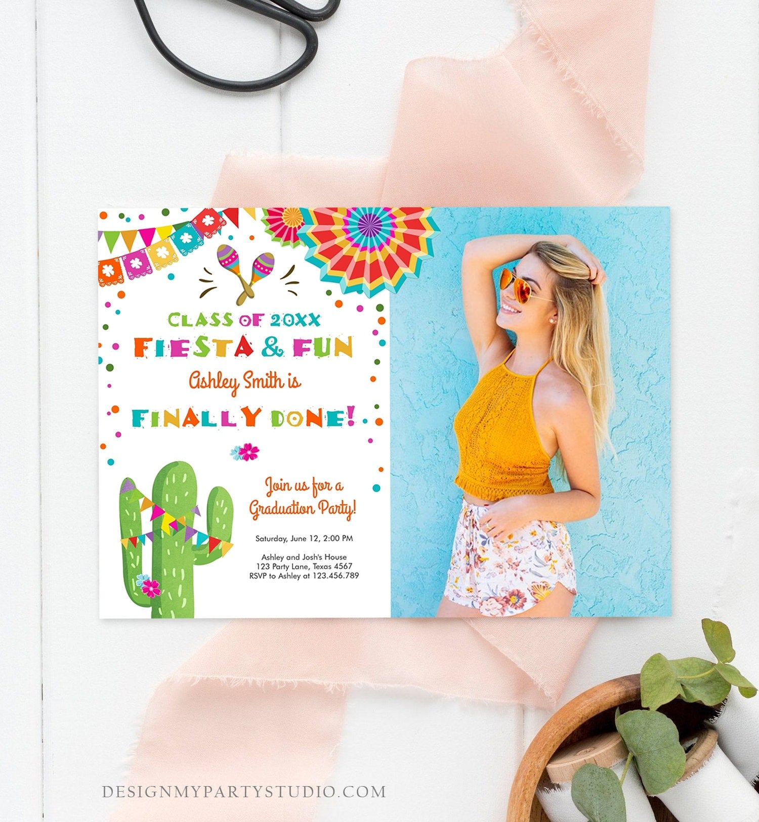 Editable Fiesta and Fun Graduation Party Invitation Finally Done Let's Fiesta Mexican High School College Degree Diploma Corjl Template 0045