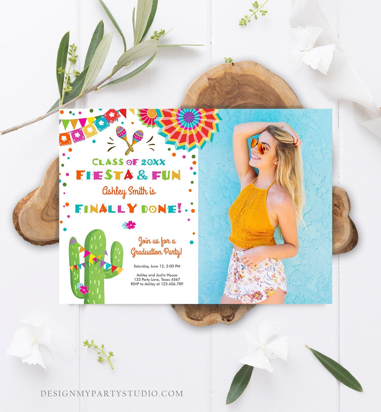 Editable Fiesta and Fun Graduation Party Invitation Finally Done Let's Fiesta Mexican High School College Degree Diploma Corjl Template 0045