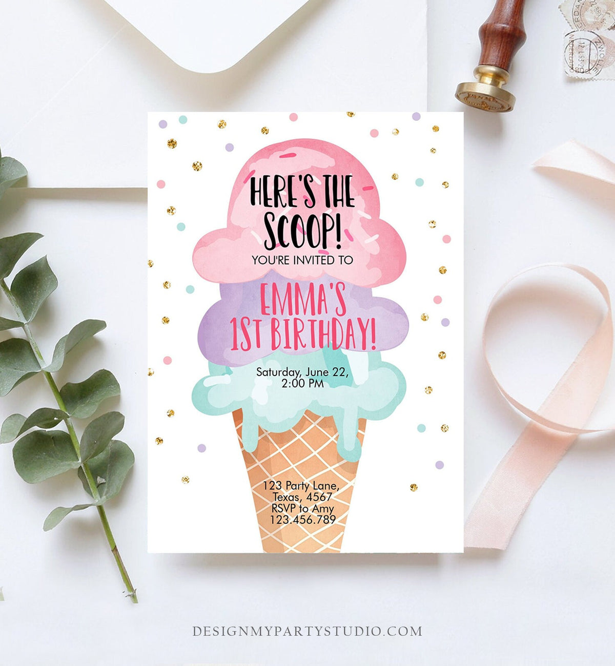 Editable Ice Cream Birthday Invitation First Birthday Party Here's the Scoop Cone Pink Mint Gold Purple Printable Template Evite 0243