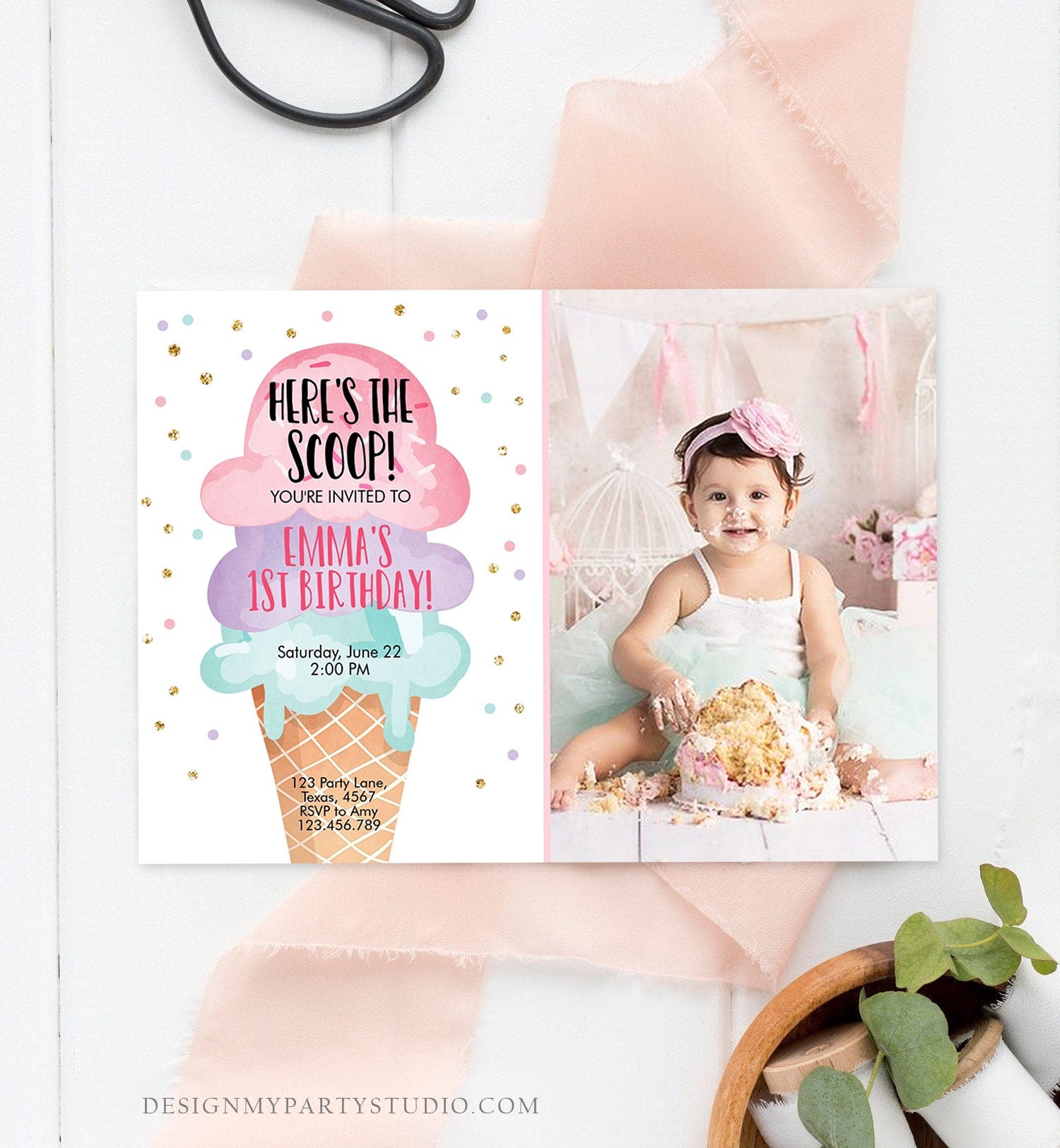 Editable Ice Cream Birthday Invitation First Birthday Party Here&#39;s the Scoop Cone Pink Mint Gold Purple Corjl Template Printable 0243