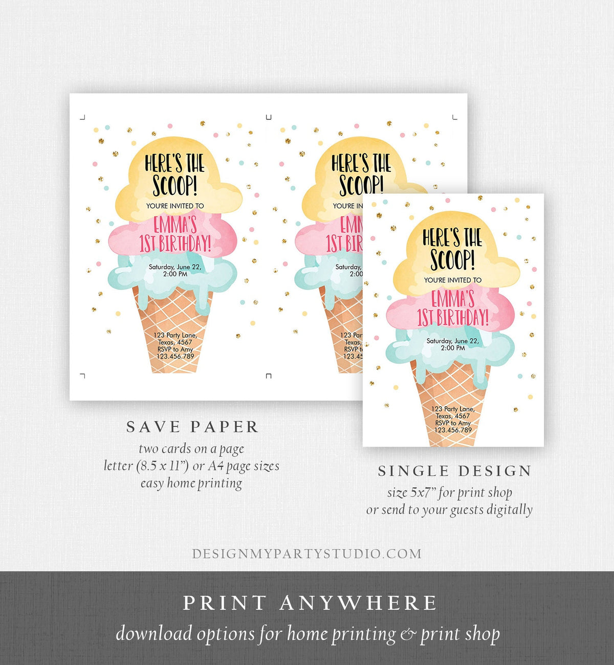 Editable Ice Cream Birthday Invitation First Birthday Party Here&#39;s the Scoop Cone Pink Mint Gold Download Corjl Template Printable 0243