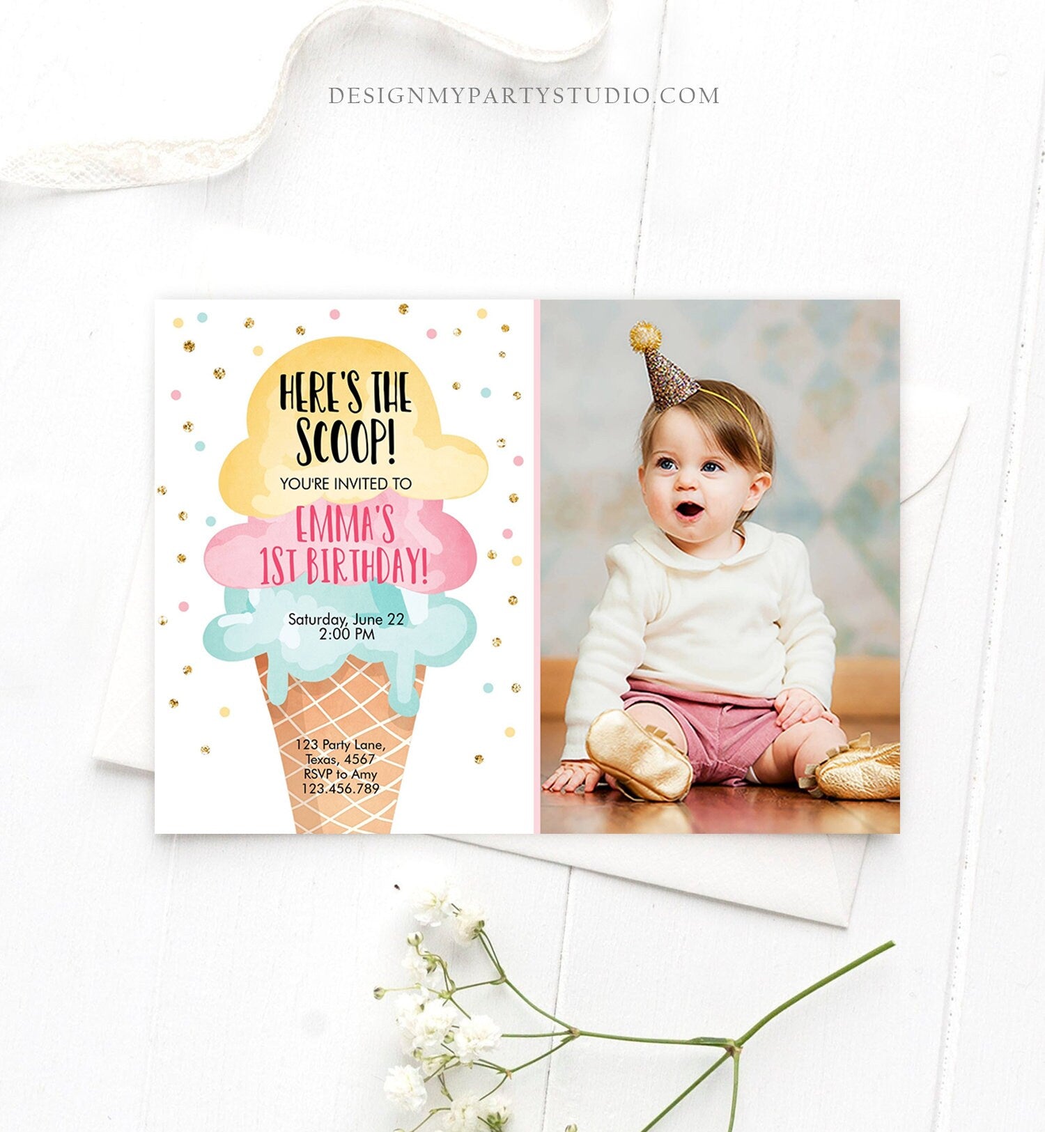 Editable Ice Cream Birthday Invitation First Birthday Party Here's the Scoop Cone Pink Mint Gold Download Printable Template Corjl 0243