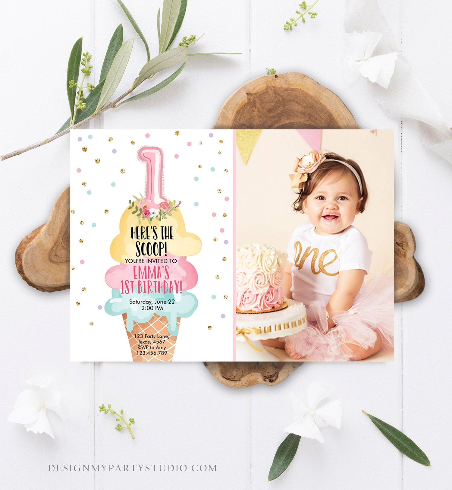 Editable Ice Cream Birthday Invitation First Birthday Party Here's the Scoop Cone Pink Mint Gold Download Printable Template Corjl 0243