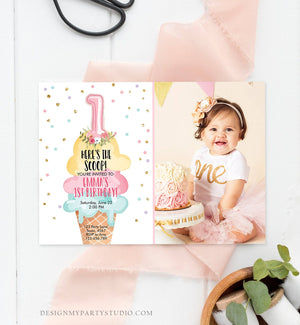 Editable Ice Cream Birthday Invitation First Birthday Party Here's the Scoop Cone Pink Mint Gold Download Printable Template Corjl 0243