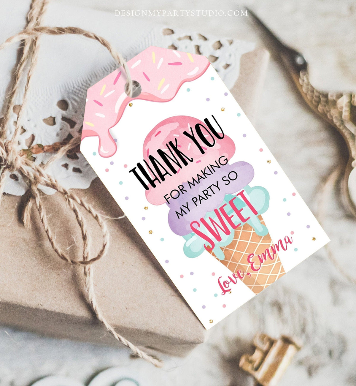 Editable Ice Cream Favor Thank You Tags Ice Cream Birthday Party Girl Pink Purple Gift Goodie Bag Labels Corjl Template Printable 0243