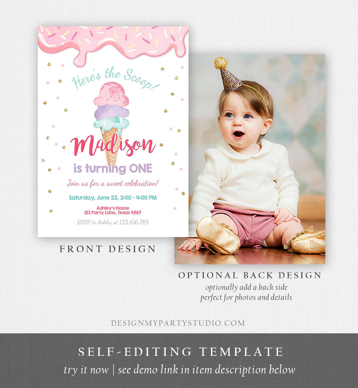 Editable Ice Cream Invitation Ice Cream Cone Birthday Invite Ice Cream Social Girl Birthday Pink Digital Download Template Printable 0243