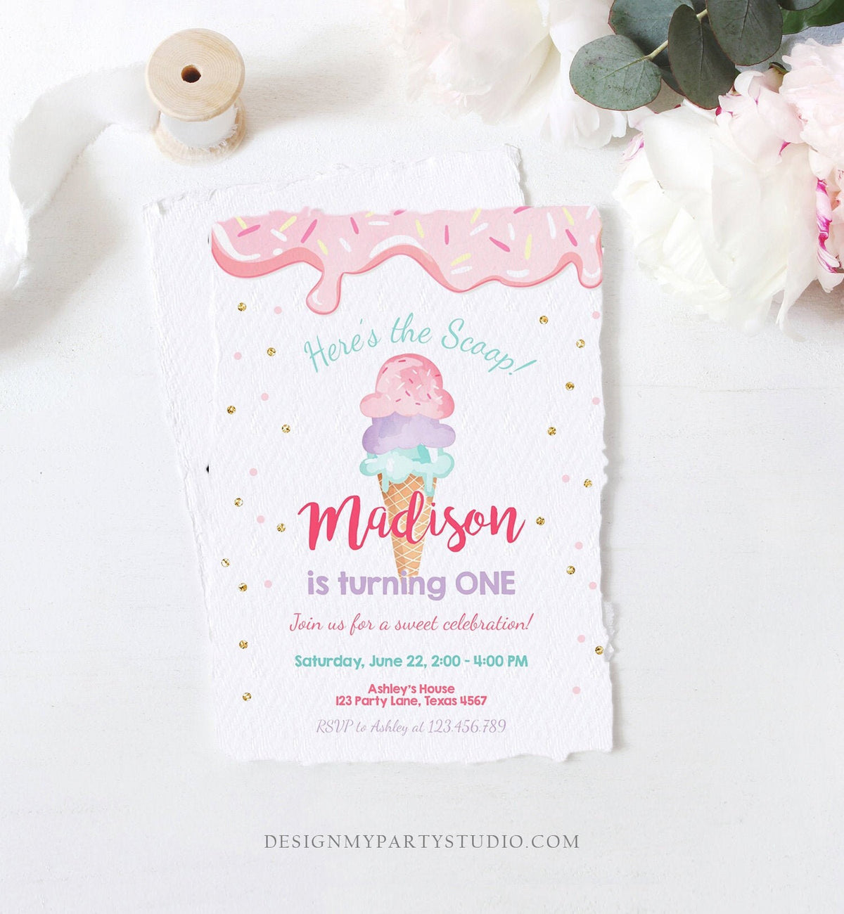Editable Ice Cream Invitation Ice Cream Cone Birthday Invite Ice Cream Social Girl Birthday Pink Digital Download Template Printable 0243