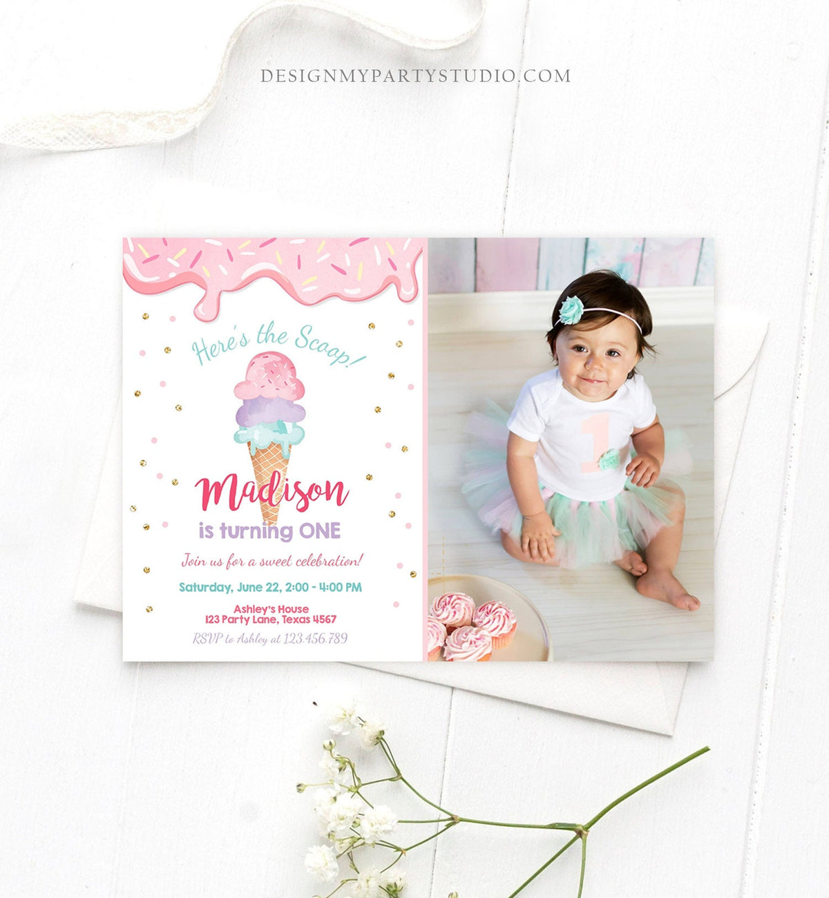 Editable Ice Cream Invitation Ice Cream Cone Birthday Invite Ice Cream Social Girl Birthday Pink Gold Download Printable Template Corjl 0243