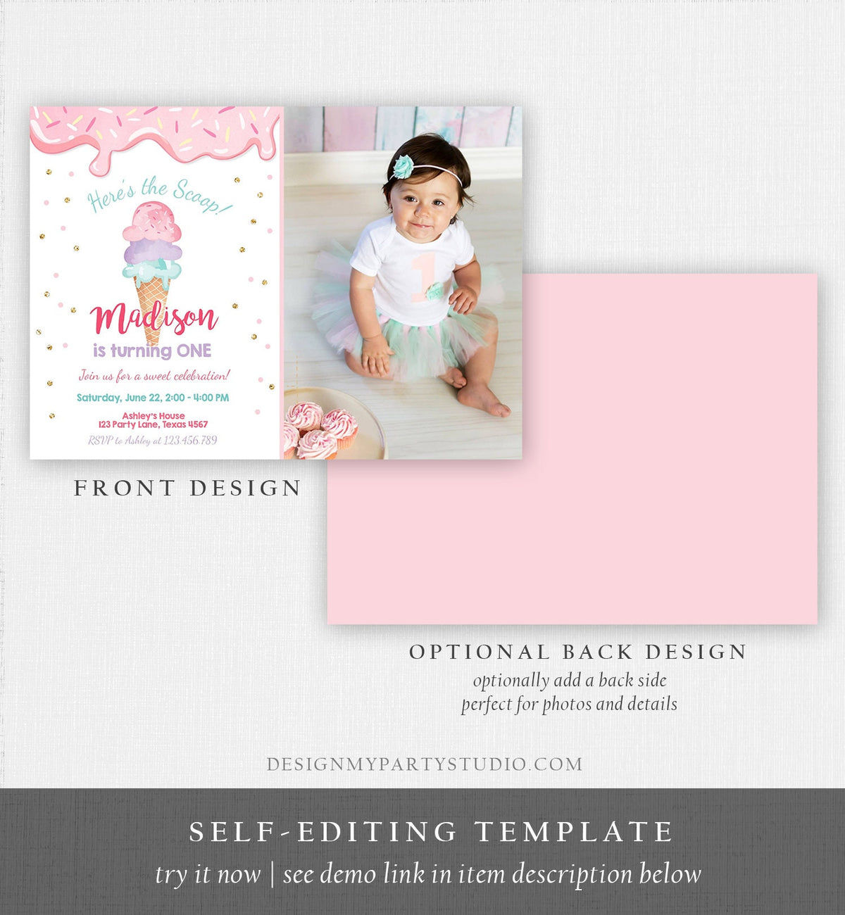 Editable Ice Cream Invitation Ice Cream Cone Birthday Invite Ice Cream Social Girl Birthday Pink Gold Download Printable Template Corjl 0243