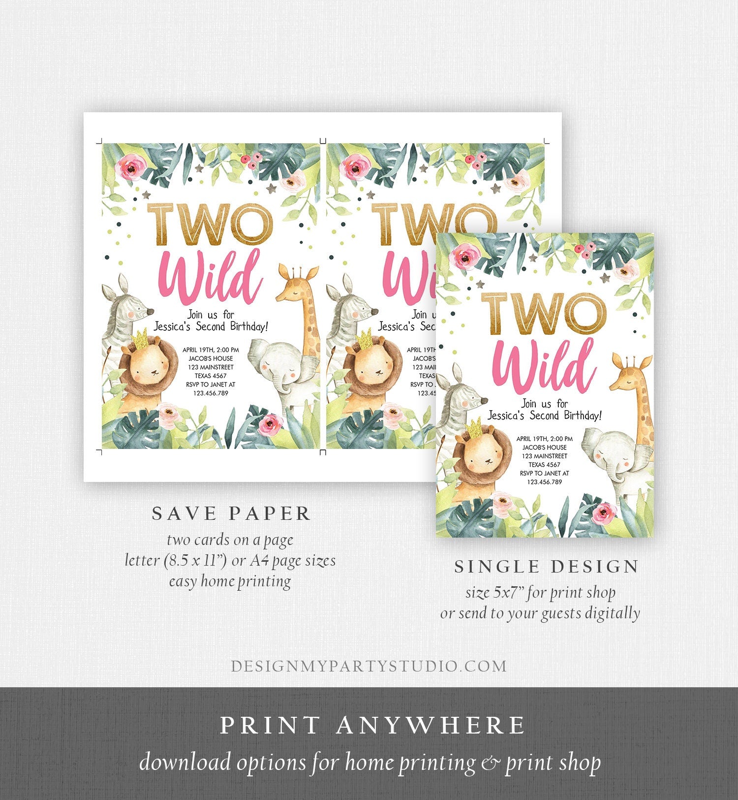 Editable Two Wild Birthday Invitation Girl Animals Invite Party Jungle Safari Pink Gold Zoo Digital Download Evite Template Printable 0163