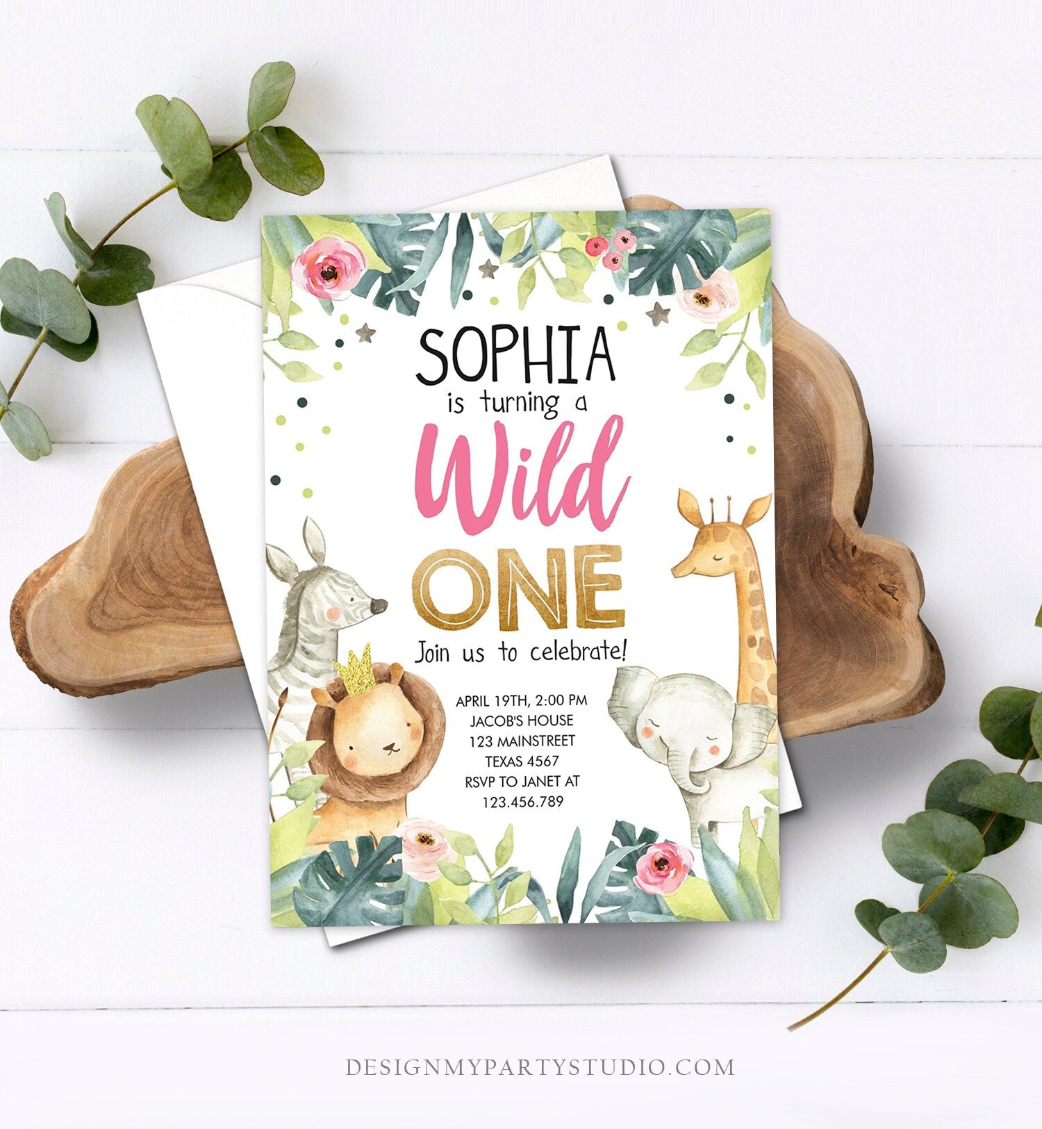 Editable Wild One Birthday Invitation Girl Party Animals Safari Animals Pink Gold Watercolor Digital Download Corjl Template Printable 0163
