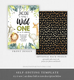 Editable Wild One Birthday Invitation Safari Animals Jungle Safari Birthday Black Gold Download Printable Invitation Template Corjl 0163