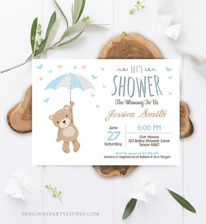 Editable Bear Baby Shower Invitation Teddy Bear Cute Baby Boy Blue Bear Little Cub Woodland Template Instant Download Digital Corjl 0025