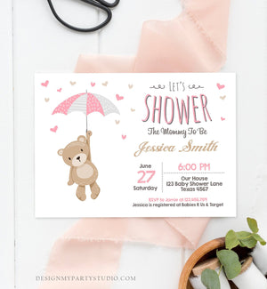 Editable Baby Shower Invitation Teddy Bear Cute Baby Girl Pink Bear Little Cub Woodland Template Instant Download Digital Corjl 0025