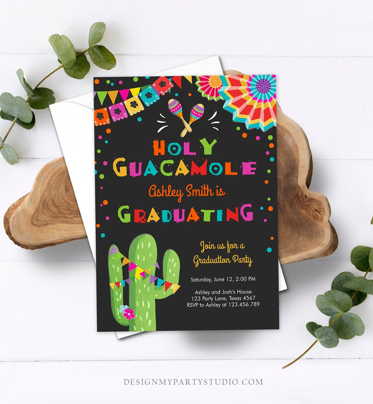 Editable Holy Guacamole Graduation Party Invitation Cactus Let&#39;s Fiesta Grad Mexican Graduate Graduating School Template Printable 0045