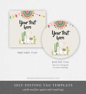 Editable Llama Thank You Favor Tags Baby Shower Stickers Fiesta Cactus Alpaca Mexican Round Square Label Neutral Corjl Template 0079