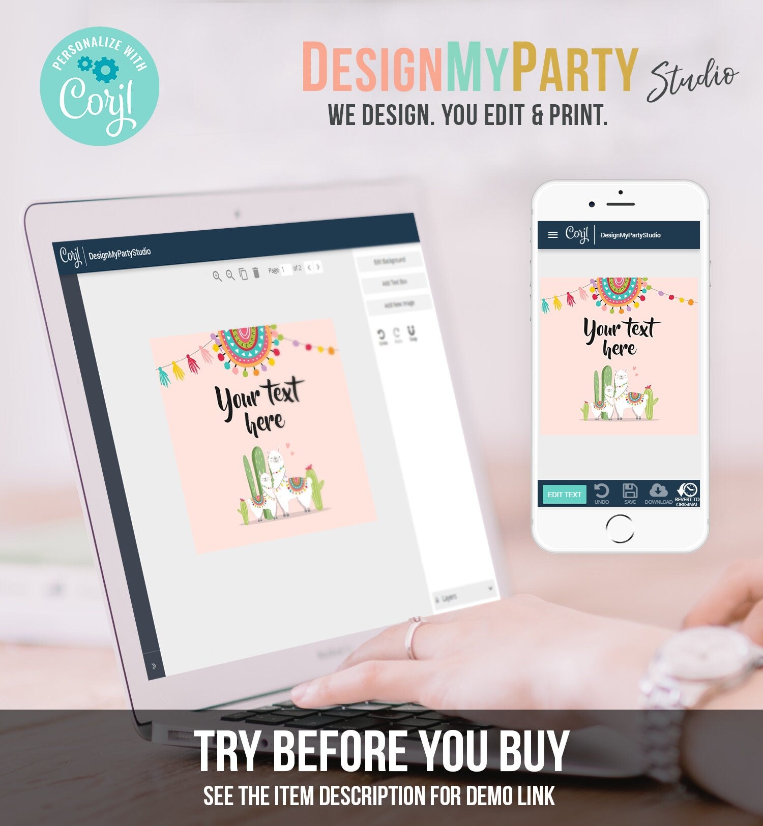 Editable Llama Thank You Favor Tags Baby Shower Stickers Fiesta Cactus Alpaca Mexican Round Square Label Pink Girl Template Printable 0079