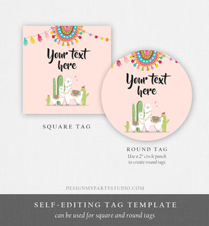 Editable Llama Thank You Favor Tags Baby Shower Stickers Fiesta Cactus Alpaca Mexican Round Square Label Pink Girl Corjl Template 0079